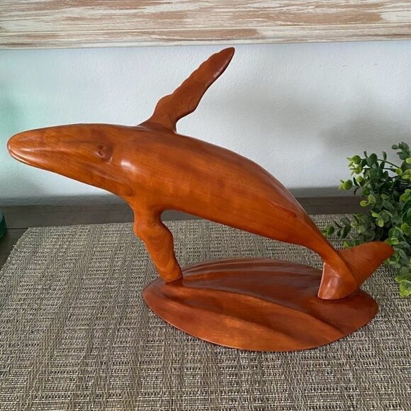K.A. Nyhus Woodcrafts Whale Wild Cherry Wood Carving Sculpture Decor - Picture 1 of 7